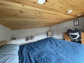 queen bed, book nook, meditation chair, and workstation