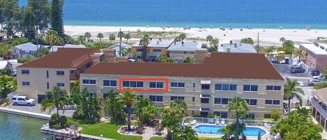 Condo unit outlined in red. On the intracoastal waters, across from the beach.