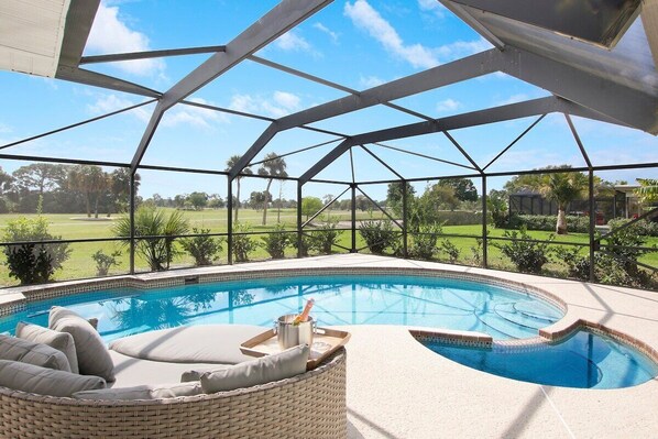 Relax by the pool and enjoy the amazing views over The Saints Golf Course.