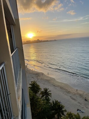 Sunset from our beachfront apartment at the ESJ Towers in Isla Verde, San Juan.