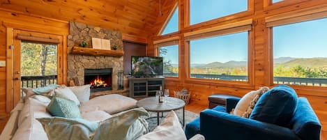 Living room with a mountain view
