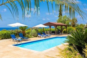 Private pool, terrace, and garden with sea views