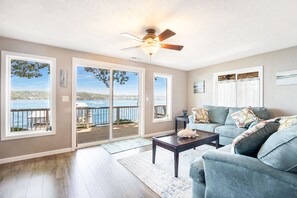 Living room lake views are the perfect place for coffee in the mornings