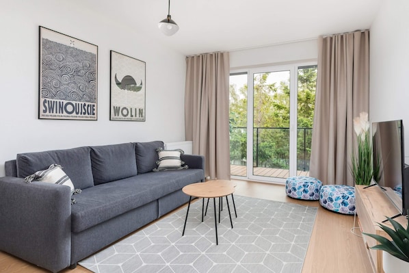 Modern and cozy living room with a sofa bed, TV and access to balcony.