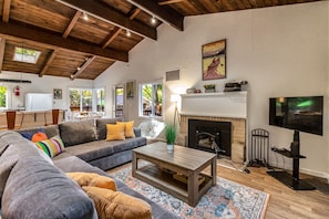 Large comfortable couch (Fireplace for illustration purposes only, central gas heating)