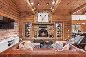 Room for everyone in the group to be cozy by the fireplace.