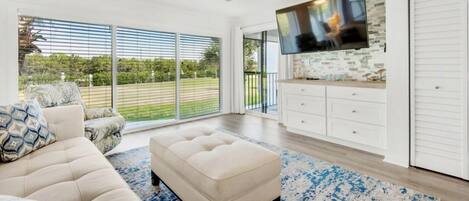 Living room with golf course view