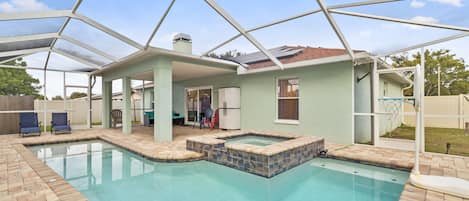 Heated Saltwater Pool with Spa and Water fall, weather protected Dome 