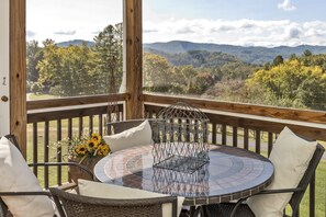 Screened porch with comfortable furnishings and fabulous mountain views.