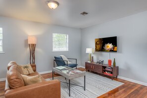 The living room is spacious yet cozy.