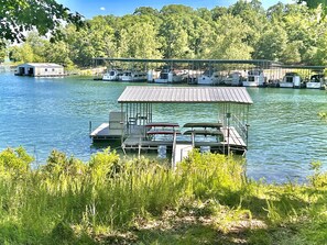 Swim dock with kayaks and paddleboard