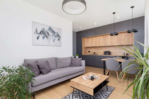 Cosy and modern living room with double sofa bed, coffee table, functional kitchenette and dining table with chairs.