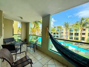 Balcony with lazy river pool view