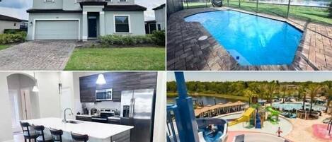 The home, the pool, kitchen and Balmoral water park