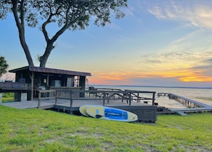 Lakefront bar with restroom and fishing dock 