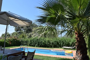 The pool and the outdoor dining area.