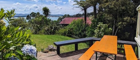 Outdoor seating overlooking Cox Bay