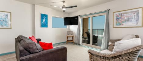 Not only is the living room nice and cozy but it has a spectacular direct view of the Gulf!