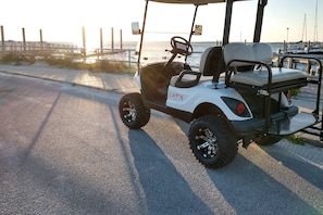 Take the golf cart to lunch on the island!
