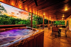Soak in our hot tub and enjoy the soothing sounds of the river