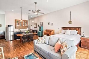 The couch folds out into a bed for up to two guests.