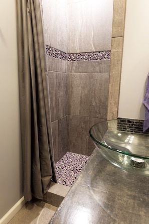 Guest Bath - shower, rainfall shower head, custom vanity