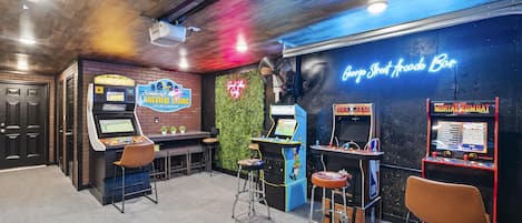 Arcade Games in lower level, temp controlled garage.
