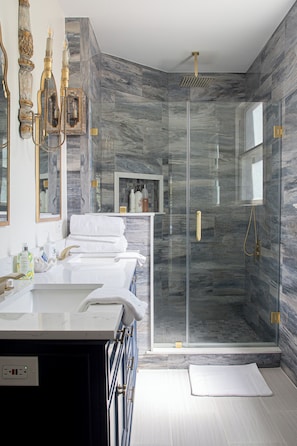 Newly remodeled downstairs master bathroom.