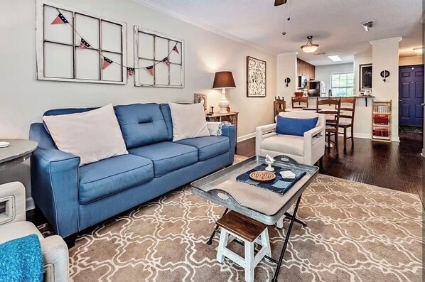 Living room with kitchen view