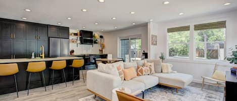 Stunning and stylish living room, kitchen and dining areas
