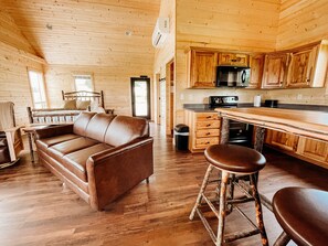 The Elk Cabin studio view of living area, kitchen and bed