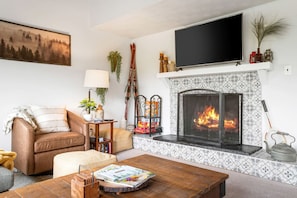 Living room with working fireplace