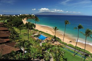 Aerial view of the pool and beach