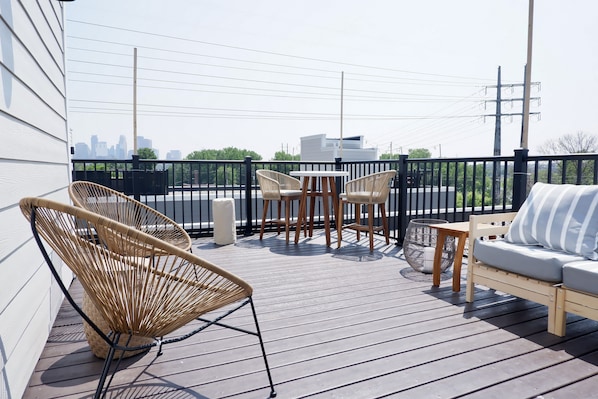 Rooftop patio deck with Minneapolis skyline view