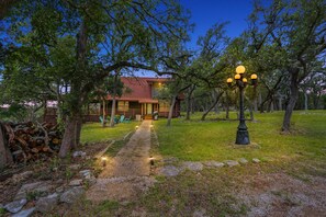 The front of the home at dusk.