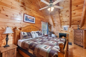 Master bedroom two (king) upstairs includes an in-room fireplace and in-room jacuzzi tub.