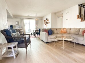 [Living Room] Just behind you is a large wall mounted Roku TV.