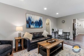 Comfortable couches and an eye-catching artwork