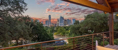 Primary Bedroom Covered Balcony with outdoor living and best views in Austin.  Downtown Retreat Sleeps 24