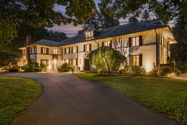 Exterior lighting highlights the beauty in the evenings
