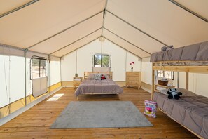 Enjoy your spacious glamping tent with a propane heater to keep you warm