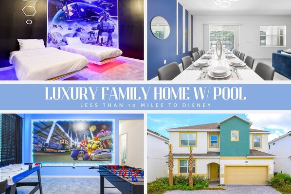 Discover this luxury family retreat less than 10 miles from Disney. Featuring themed bedrooms, a vibrant game room, and elegant furnishings, this home is designed for ultimate comfort and fun for all ages.
