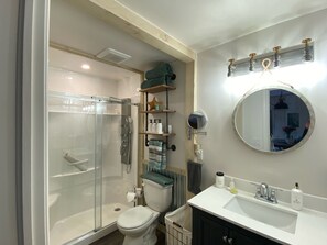 Bathroom with rainfall shower head, body jets and hand wand.