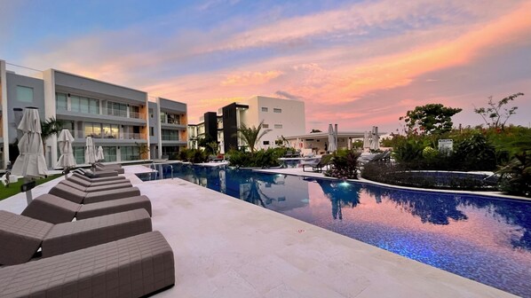 The resort boasts a 25m pool & has ample sun loungers & umbrellas.