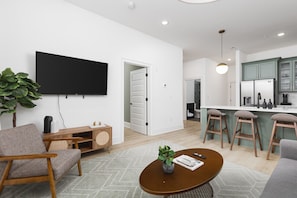 Living room with a full-size sleeper sofa, a Smart TV with all the streaming apps, plenty of natural light with curtains, and thoughtful decor.