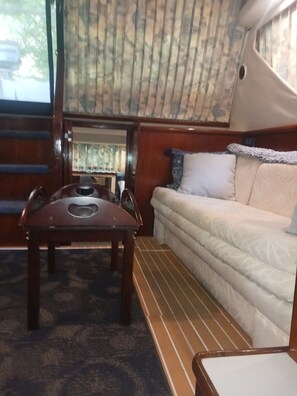 sleeper couch and table in the main salon