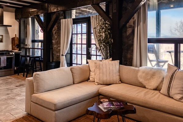 Entry door and living room