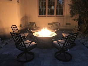 Gas fire pit for evening gatherings.