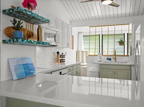 Brand new Quartz counters and tile backsplash. 