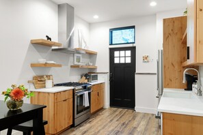 Entry door and kitchen area